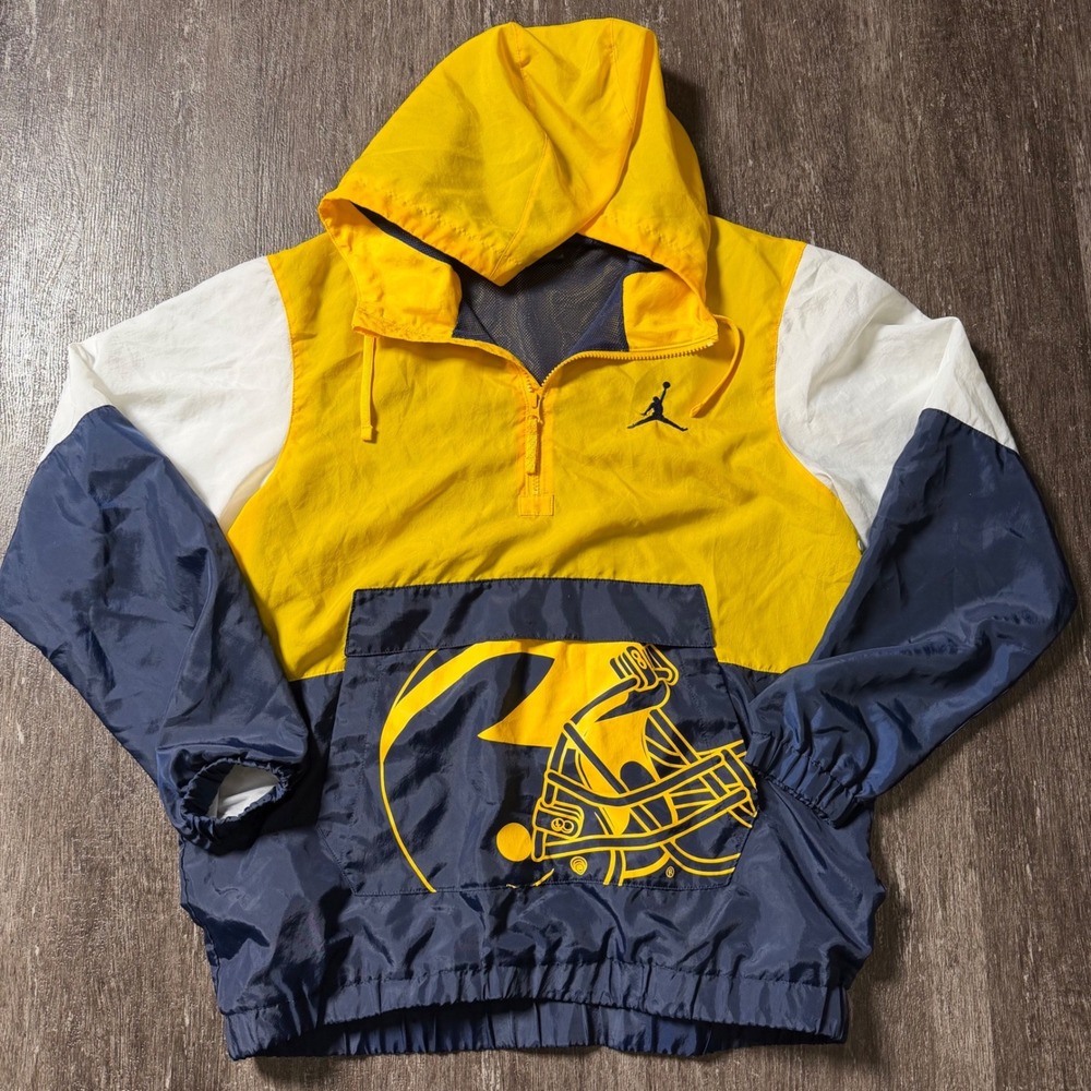 Jordan Windbreaker Men M Yellow Michigan Wolverines Quarter Zip Hooded Jacket